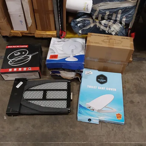 3 CAGES OF ASSORTED CONSUMER PRODUCTS TO INCLUDE; TABLE FAN, FOLDING IRON, CAST IRON CHICKEN ROASTER, CARBON STEEL WOK PAN, TOILET SEAT ECT (CAGES NOT INCLUDED)