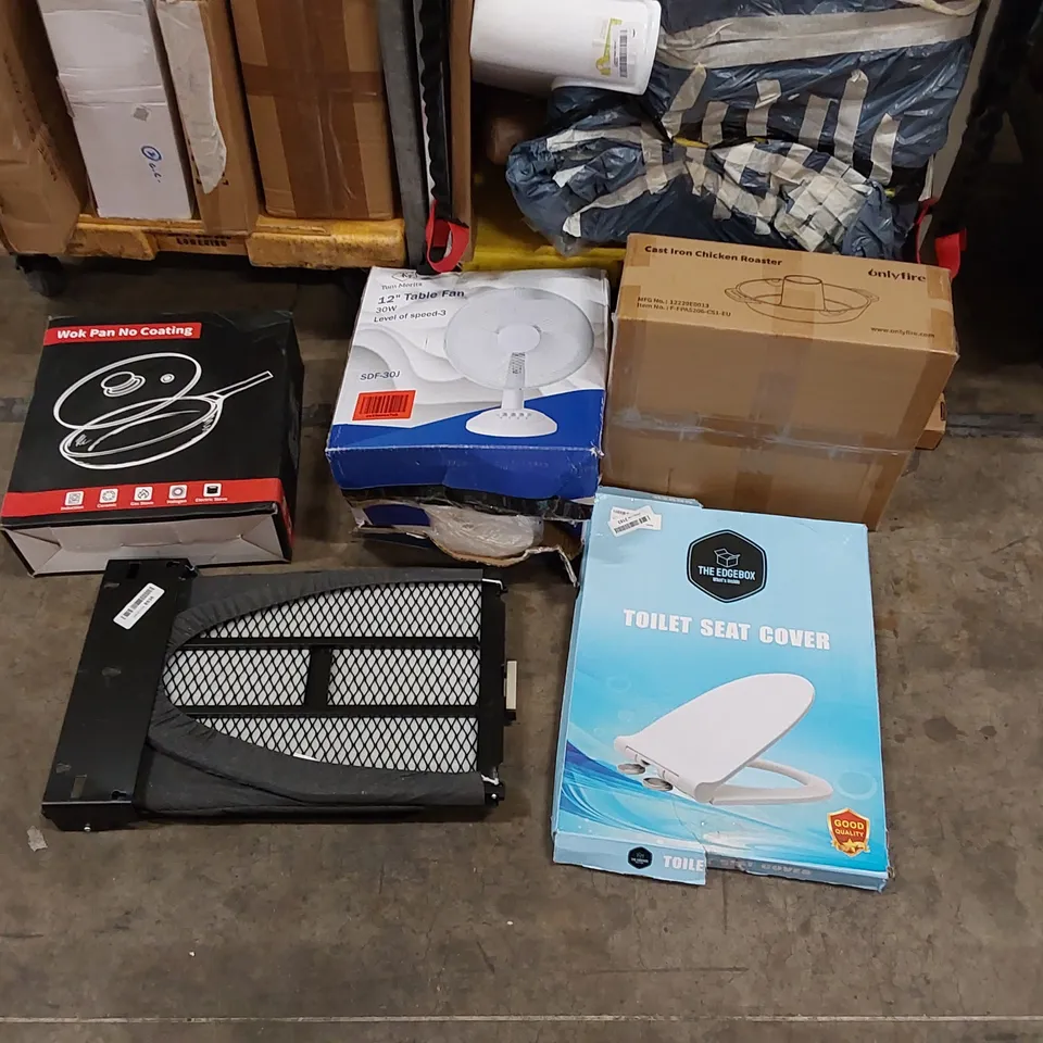 3 CAGES OF ASSORTED CONSUMER PRODUCTS TO INCLUDE; TABLE FAN, FOLDING IRON, CAST IRON CHICKEN ROASTER, CARBON STEEL WOK PAN, TOILET SEAT ECT (CAGES NOT INCLUDED)