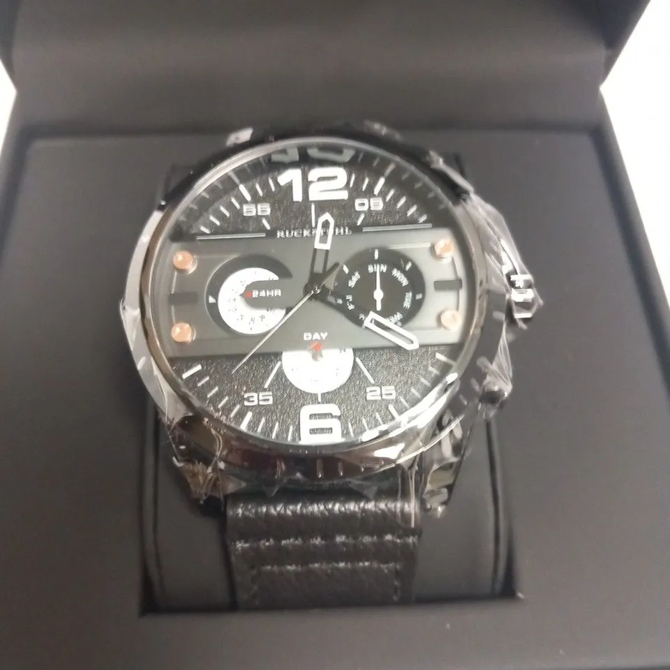 MEN’S RUCKSTUHL COCKPIT R150 WATCH – MULTI FUNCTION SUB DIALS – BLACK CASE – 3ATM WATER RESISTANT – GENUINE LEATHER STRAP 