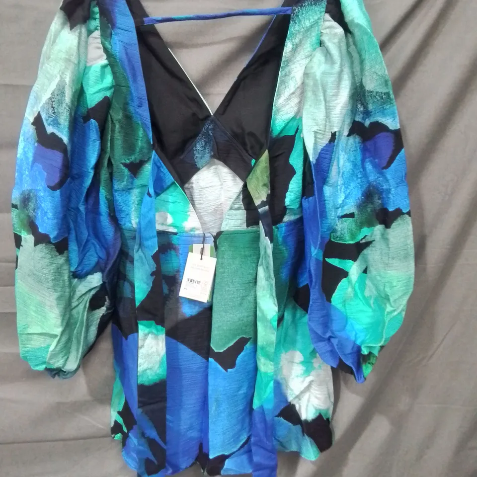 NOBODY'S CHILD ZENDAYA MINI DRESS WATERCOLOUR FLORAL BLUE - UK 12