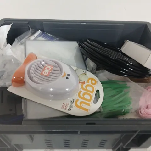 APPROXIMATELY 15 ASSORTED HOUSEHOLD PRODUCTS TO INCLUDE EGG CUTTER, EAR THERMOMETER AND ASSORTED CABLES