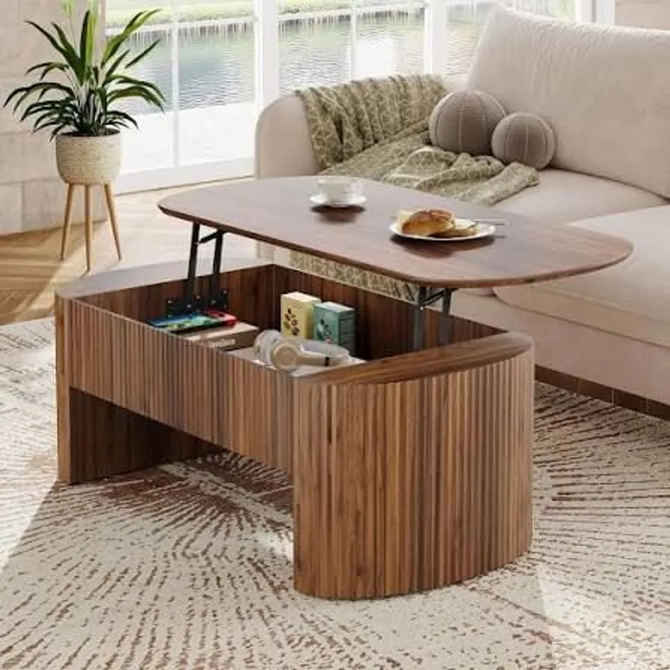 BOXED KAICHEN LIFT TOP COFFEE TABLE WITH CABLE SHELF FOR HOME OFFICE, NATURAL | CURVED WOODEN SIDES, DEEP HIDDEN STORAGE, 110X55.5X40CM, SAFELY SUPPORTS 50KG, EFFORTLESS SETUP LIVING ROOM CENTRE TABLE