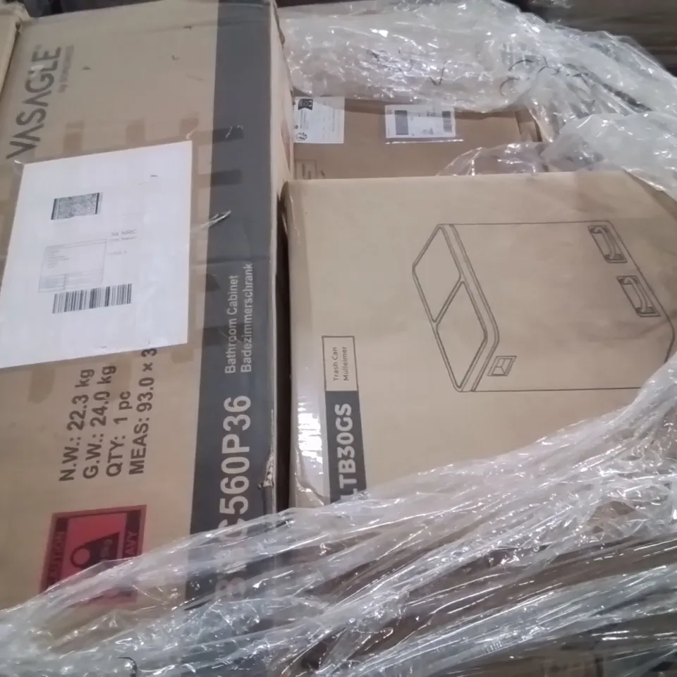 PALLET CONTAINING VARIOUS ASSORTED BOXED ITEMS TO INCLUDE: BATHROOM CABINET, PEDAL BIN, LAUNDRY HAMPER ECT.