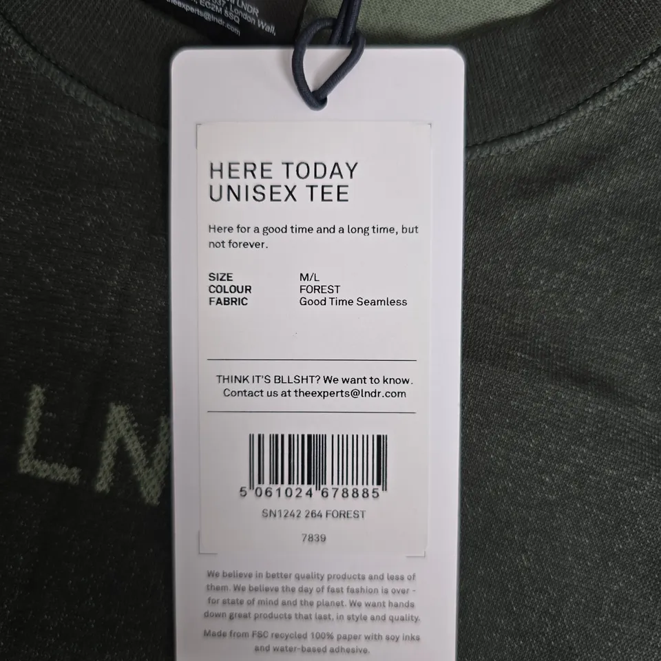 LNDR HERE TODAY UNISEX TEE – FOREST GREEN, SIZE M/L