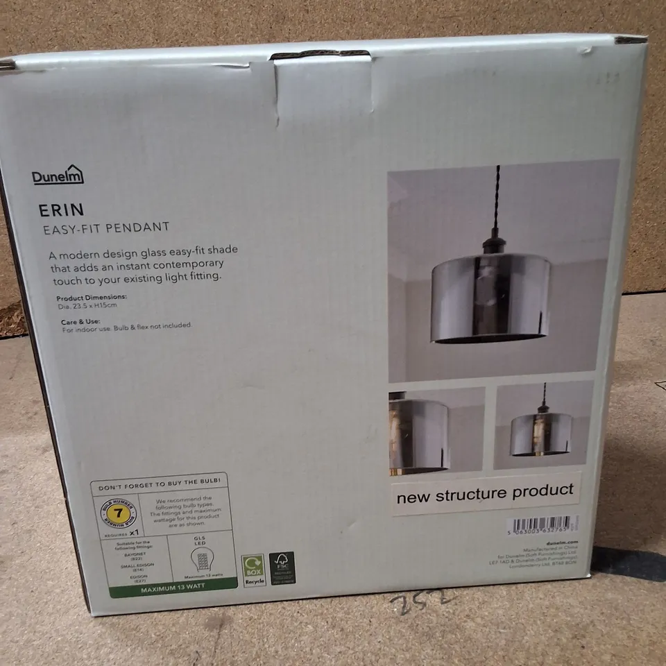 BOXED DUNELM ERIN EASY-FIT PENDANT LIGHT – GLASS SHADE, CHROME FINISH