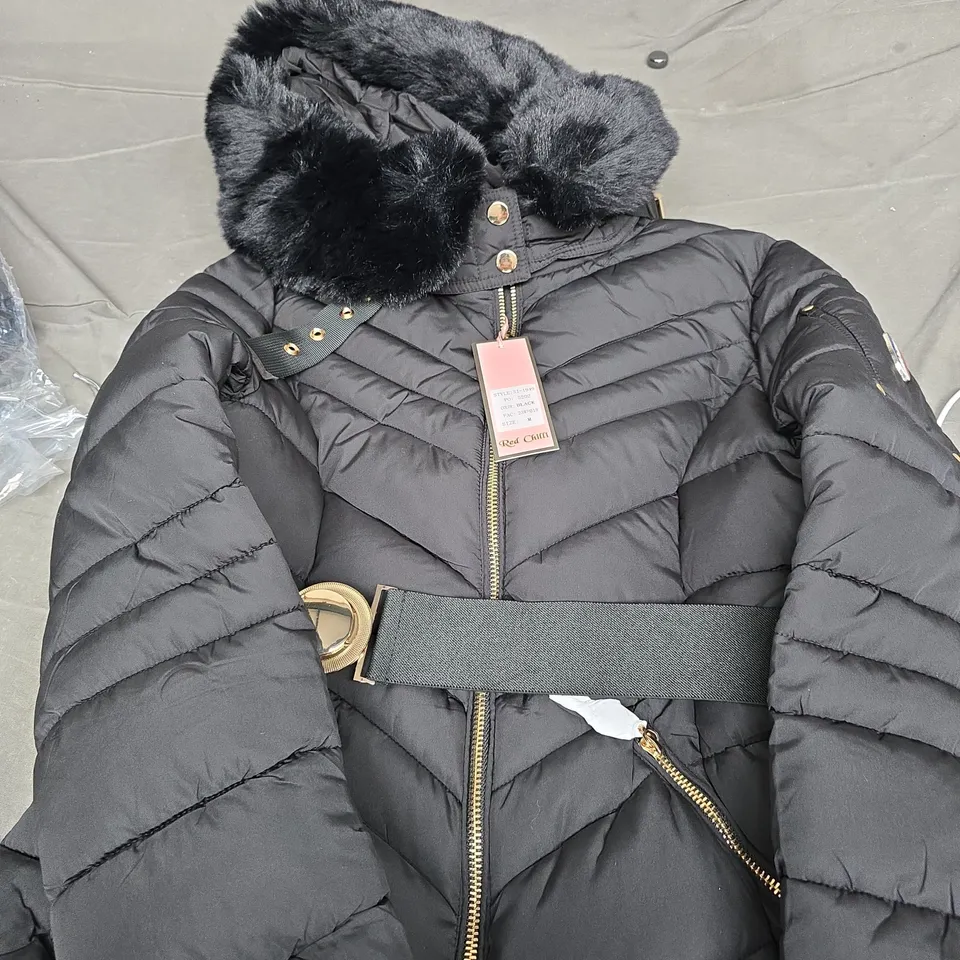 RED CHILI BLACK PUFFER COAT WITH FAUX FUR TRIM HOOD M