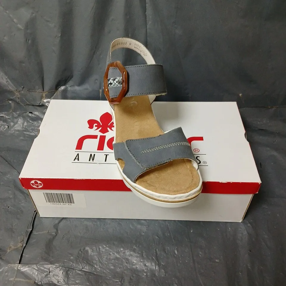 BOXED PAIR OF RIEKER ANTISTRESS WEDGE SANDALS IN GREY/BLUE MULTI SIZE 6