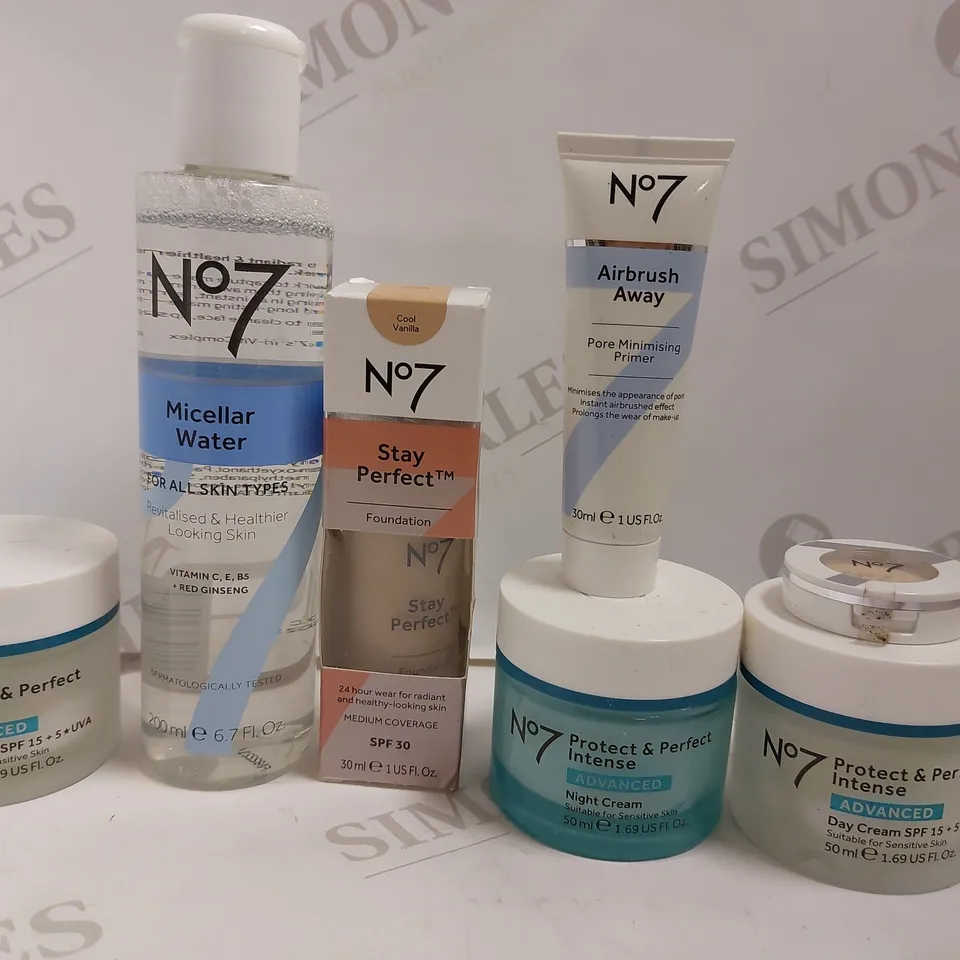 BOX OF NO.7 PRODUCTS TO INCLUDE NO7 STAY PERFECT FOUNDATION, NO7 MICELLAR WATER, NO7 PROTECT AND PERFECT NIGHT CREAM