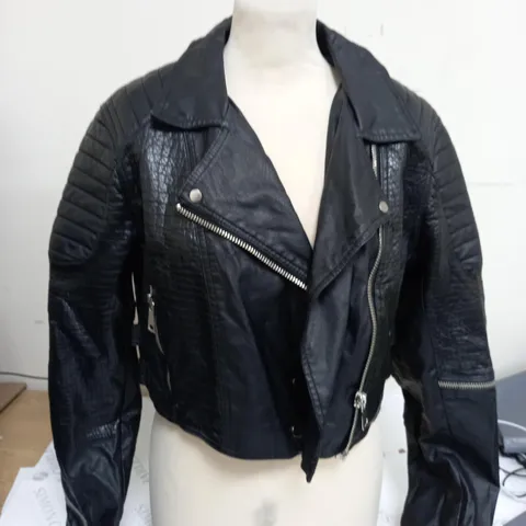 RIVER ISLAND BLACK LEATHER CROPPED JACKET - UK SIZE 16