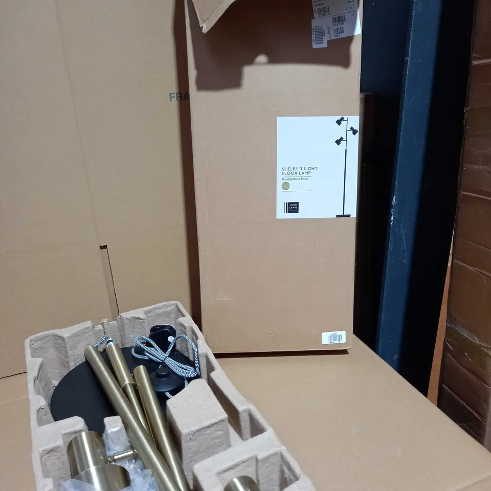 BOXED JOHN LEWIS BRUSHED BRASS SHELBY 3 LIGHT FLOOR LAMP