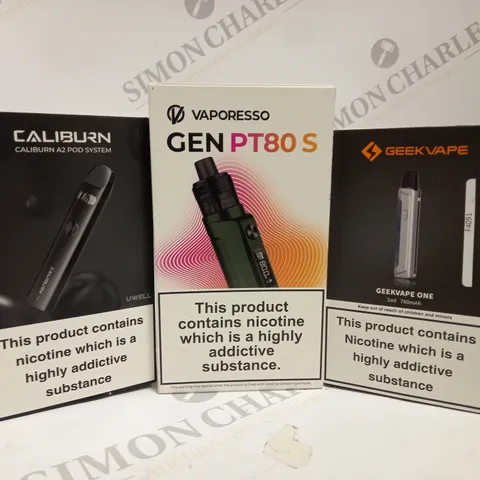 APPROXIMATELY 20 ASSORTED BOXED VAPING PRODUCTS TO INCLUDE UWELL CALIBURN A2 POD SYSTEM, VAPORESSO GEN PT80 S, GEEKVAPE ONE ETC.