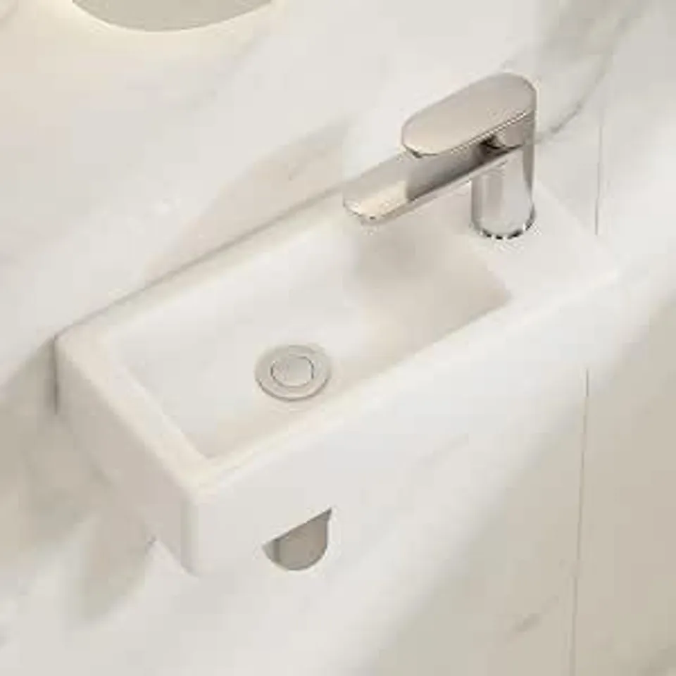 BOXED ERIDANUS WALL HUNG BASIN 370X185X90MM WHITE CERAMIC RECTANGULAR RIGHT TAP