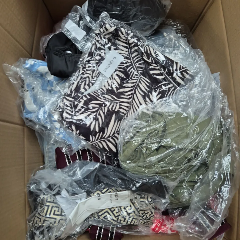 LARGE BOX OF ASSORTED CLOTHING ITEMS IN VARIOUS SIZES, STYLES AND COLOUR 