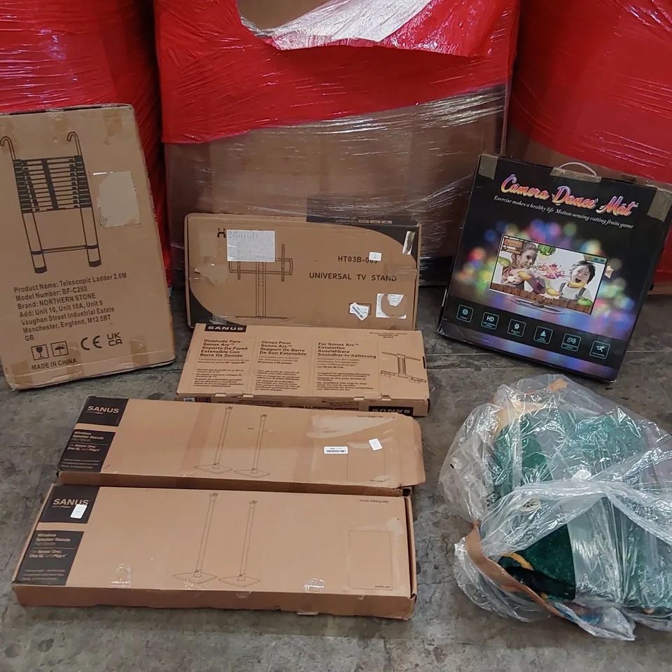 PALLET OF ASSORTED ITEMS INCLUDING: TELESCOPIC 2.6M LADDER, WIRELESS SPEAKER STANDS, TV STANDS, RUG, CAMERA DANCE DANCE MAT