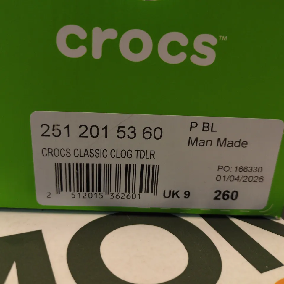 BOXED PAIR OF CROCS CLASSIC CLOG TDLR – KIDS, LIGHT BLUE, UK 9