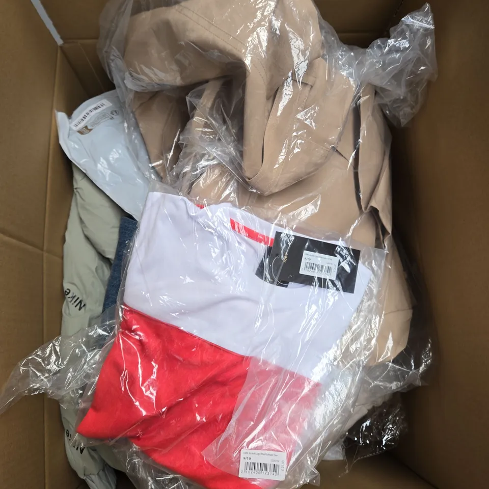 LARGE BOX OF ASSORTED CLOTHING ITEMS IN VARIOUS SIZES, STYLES AND COLOUR 