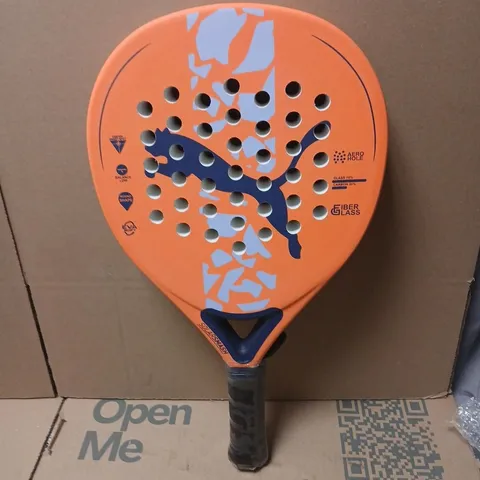 PUMA PADEL RACKET – ORANGE PERFORATED FACE WITH BLUE GRAPHIC, BLACK HANDLE 