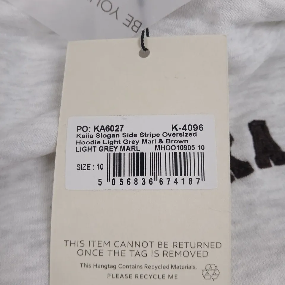 KAIA SLOGAN SIDE STRIPE OVERSIZED HOODIE – LIGHT GREY MARL, UK 10 (EU 38 / US 6)