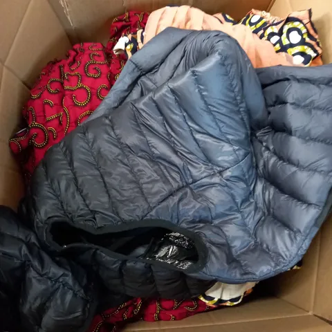 BOX OF ASSORTED CLOTHING ITEMS TOO INCLUDE JUMPERS, SHIRTS AND TROUSERS IN VARIOUS SIZES AND COLOURS