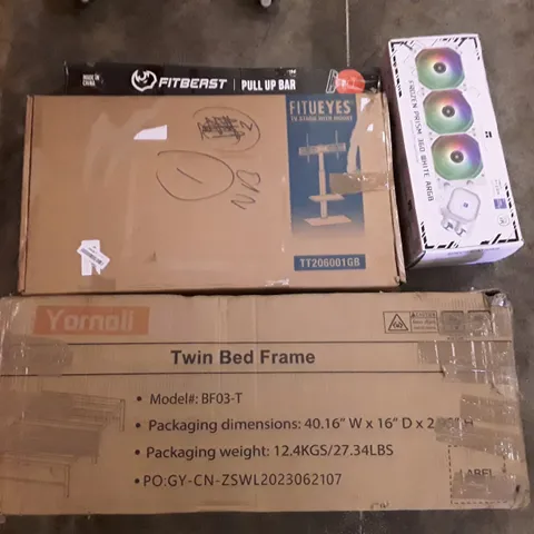 PALLET OF ASSORTED PRODUCTS INCLUDING PULL UP BAR, TV STAND WITH MOUNT, TWIN BED FRAME, CPU LIQUID COOLER, TELESCOPE, METAL FRAME + HONEYCOMB SIDE TABLE