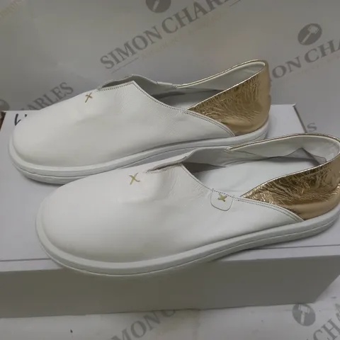 WHITE AND GOLD SLIP ON SHOES - SIZE 5