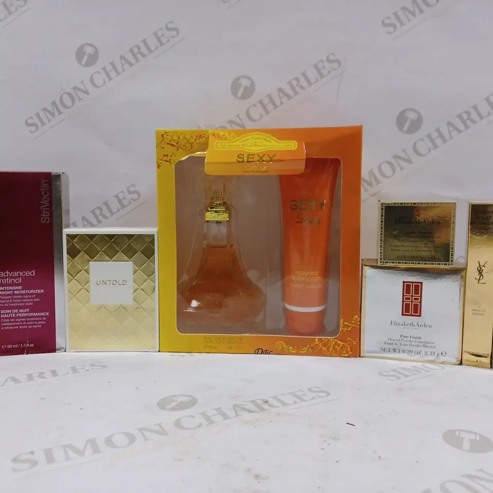 BOX OF APPROX 10 ASSORTED BEAUTY PRODUCTS TO INCLUDE ELOZABETH ARDEN UNTOLD EAU DE PARFUM, ELIZABETH ARDEN EYE CREAM, YSL COLOUR CORRECTOR, ETC 