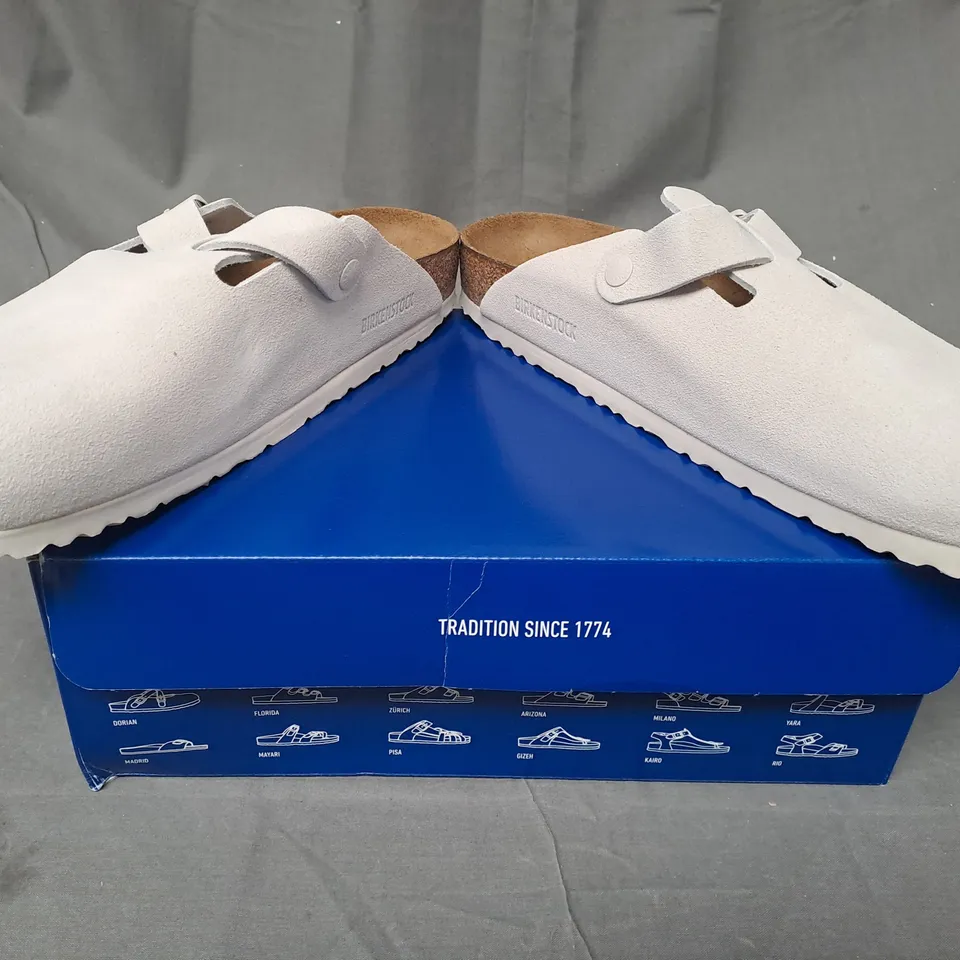 BOXED PAIR OF BIRKENSTOCK BOSTON BS SUEDE SLIP-ON SHOES IN WHITE UK SIZE 10.5