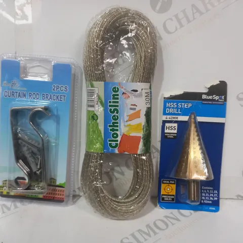 APPROXIMATELY 20 ASSORTED HOUSEHOLD ITEMS TO INCLUDE HSS STEP DRILL, CLOTHESLINE, CURTAIN ROD BRACKET, ETC