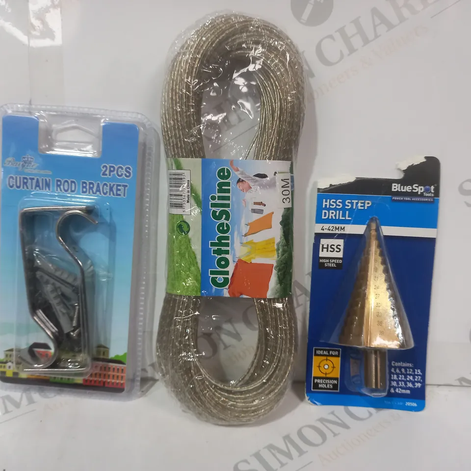 APPROXIMATELY 20 ASSORTED HOUSEHOLD ITEMS TO INCLUDE HSS STEP DRILL, CLOTHESLINE, CURTAIN ROD BRACKET, ETC