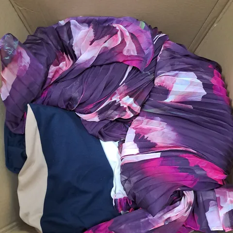 LARGE BOX OF ASSORTED CLOTHING ITEMS IN VARIOUS SIZES, COLOUR AND STYES