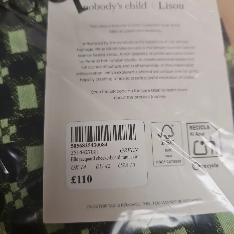 NOBODY'S CHILD X LISOU ELLE JACQUARD CHECKERBOARD MINI SKIRT – UK 14 – GREEN