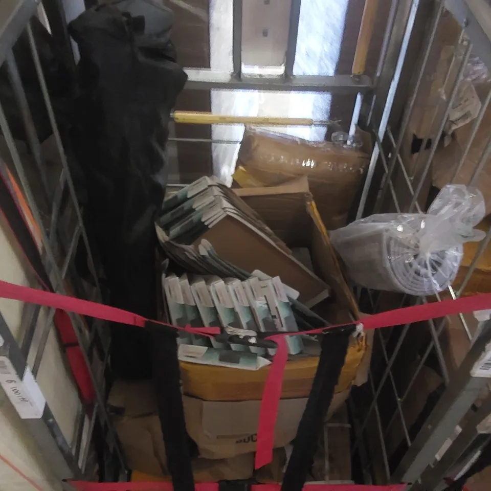 3x CAGES CONTAINING ASSORTED ITEMS INCLUDING: CLUTCH KIT, RUG, CAMPING CHAIR, PLAYMAT ECT // CAGES NOT INCLUDED