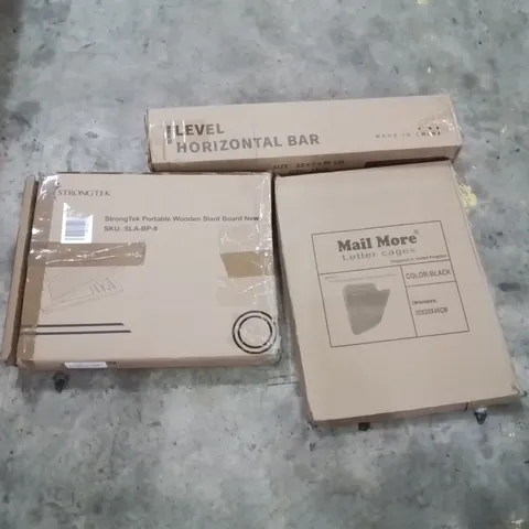 PALLET OF ASSORTED HOUSEHOLD GOODS AND PRODUCTS TO INCLUDE;LEVEL HORIZON BAR, PORTABLE WOODEN SLANT BOARD ,LETTER CAGES,BBQ GRILL AND OTHER ASSORTED ITEMS...