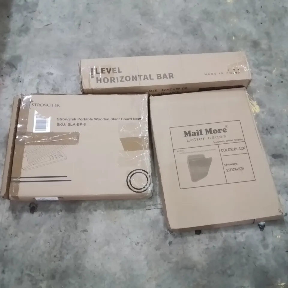 PALLET OF ASSORTED HOUSEHOLD GOODS AND PRODUCTS TO INCLUDE;LEVEL HORIZON BAR, PORTABLE WOODEN SLANT BOARD ,LETTER CAGES,BBQ GRILL AND OTHER ASSORTED ITEMS...