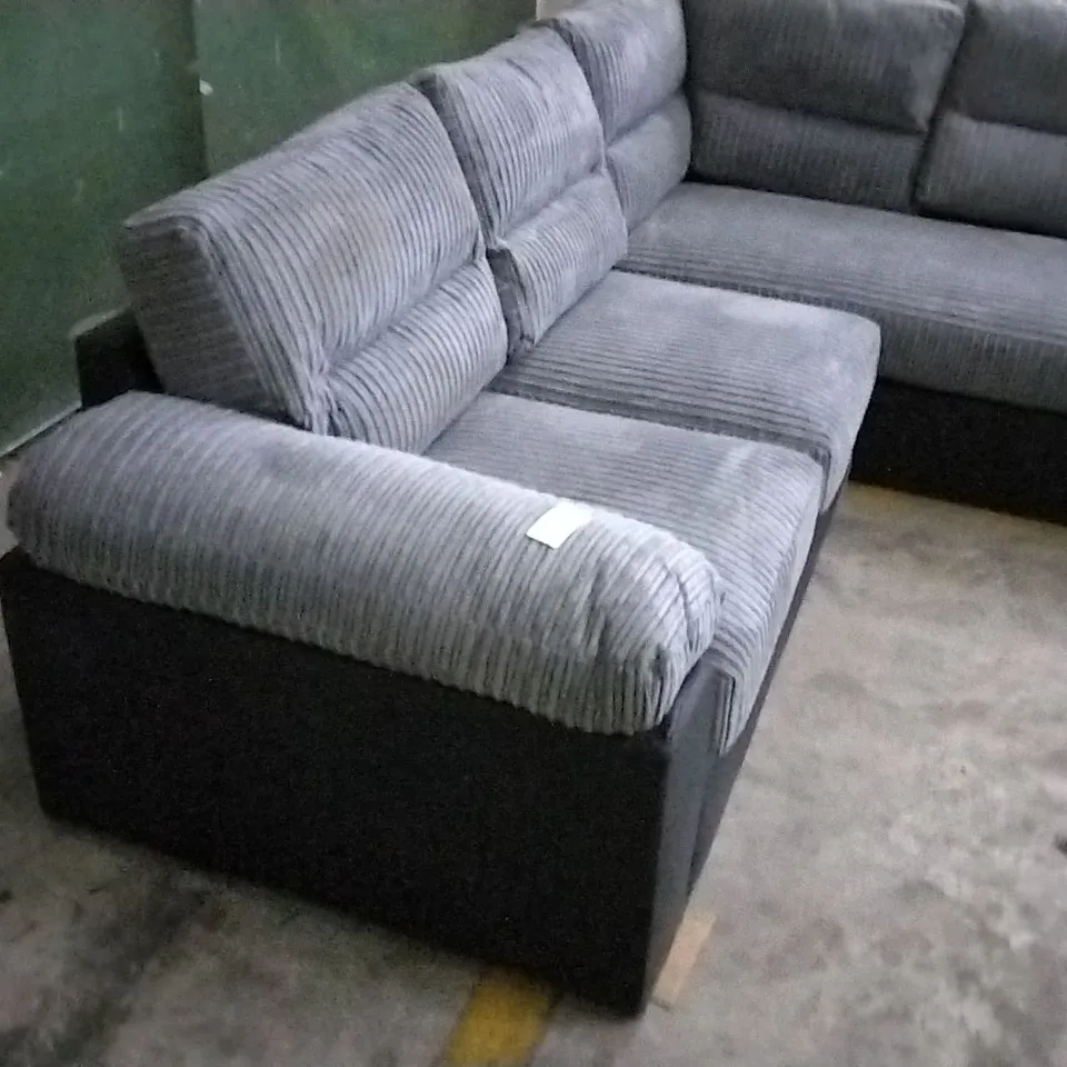 DESIGNER GREY CORDED FABRIC AND BLACK SUEDE EFFECT CORNER SOFA