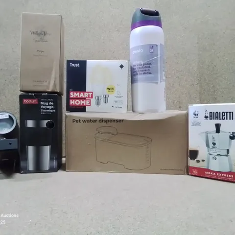 BOX TO CONTAIN ASSORTED HOUSEHOLD GOODS AND PRODUCTS TO INCLUDE; PET WARE DISPENSER, BIALETTI MOKA EXPRESS, BODUM THERMAL MUG ETC