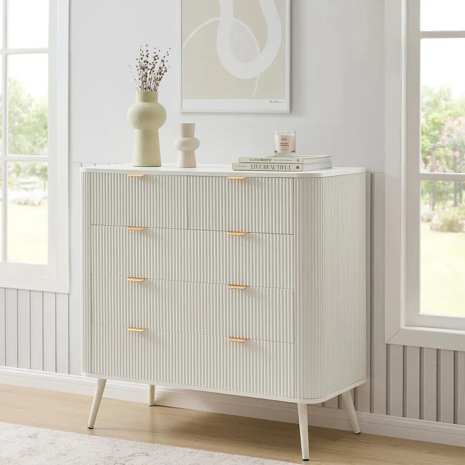 BOXED DUSK HATTIE 5 DRAWER CHEST - WARM WHITE (1 BOX)
