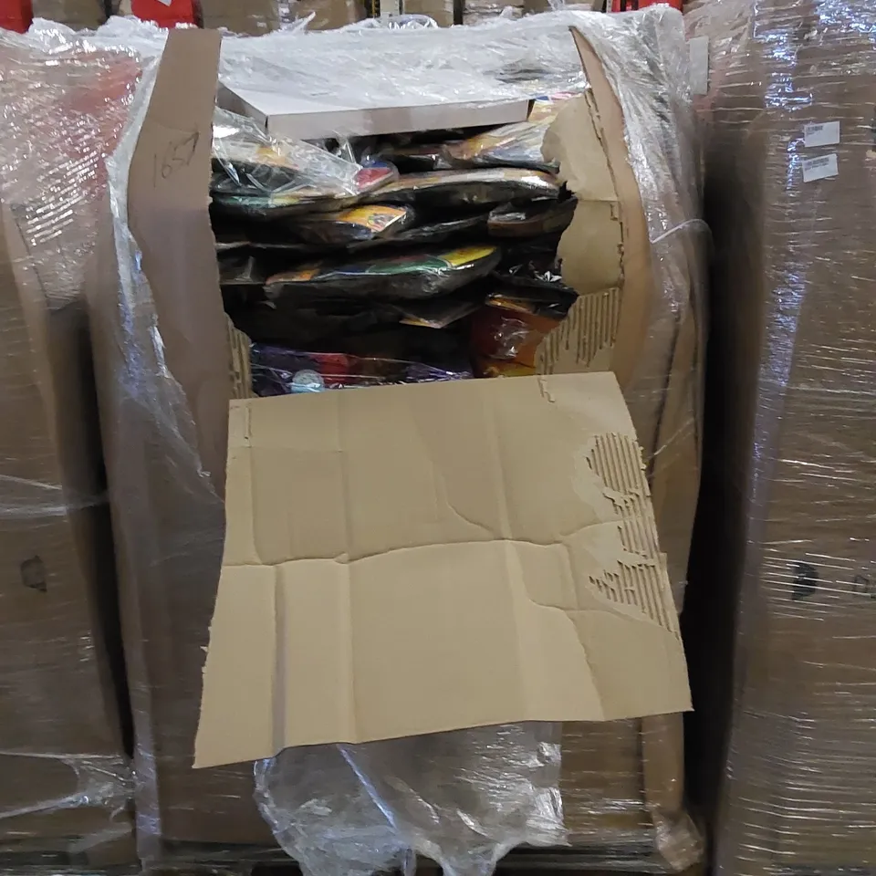 PALLET OF ASSORTED HOUSEHOLD ITEMS AND CONSUMER PRODUCTS. INCLUDES A LARGE QUANTITY OF PIÑATAS, DARTS LIKE GAMES, ARTIFICAL WREATHS ETC
