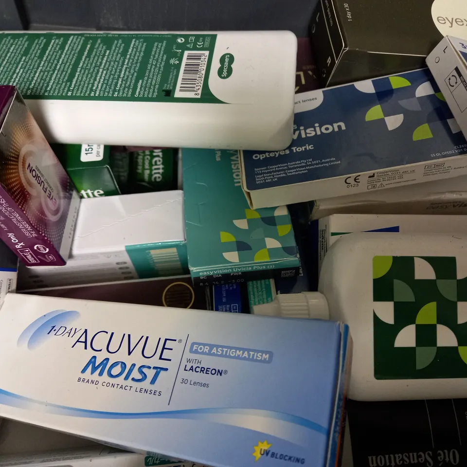 BOX OF APPROX 25 ASSORTED CONTACT LENSES AND CONTACT LENSE SOLUTIONS