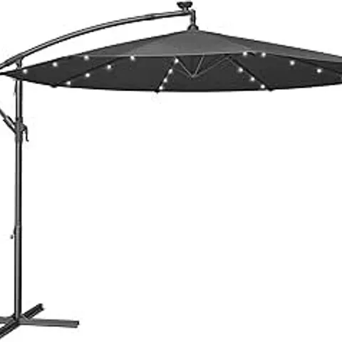 BOXED SONGMICS CANTILEVER GARDEN PATIO PARASOL UMBRELLA WITH BASE, 3M OFFSET PARASOL, BANANA HANGING UMBRELLA, SUNSHADE UPF 50+, CRANK FOR OPENING CLOSING, 32 SOLAR-POWERED LED LIGHTS, GREY 