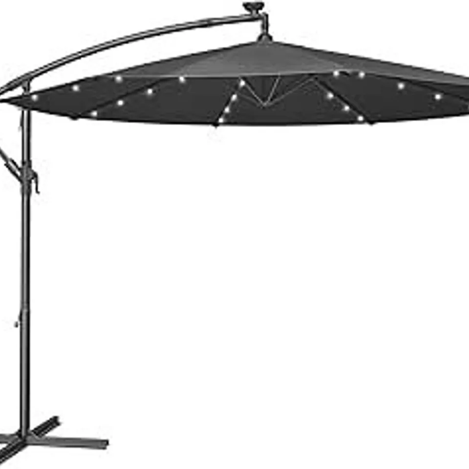 BOXED SONGMICS CANTILEVER GARDEN PATIO PARASOL UMBRELLA WITH BASE, 3M OFFSET PARASOL, BANANA HANGING UMBRELLA, SUNSHADE UPF 50+, CRANK FOR OPENING CLOSING, 32 SOLAR-POWERED LED LIGHTS, GREY 