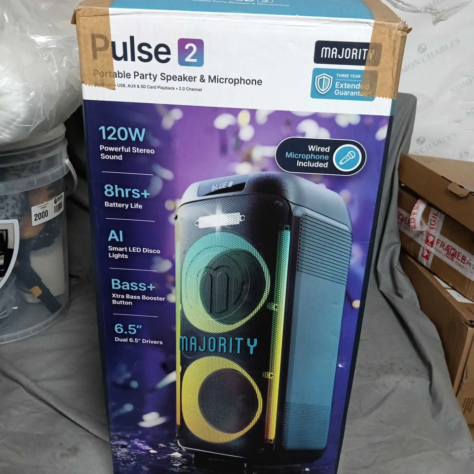 MAJORITY PULSE 2 PORTABLE PARTY SPEAKER & MICROPHONE – 120W, 6.5" DRIVERS, AI LIGHTS, BLUETOOTH (BOXED)