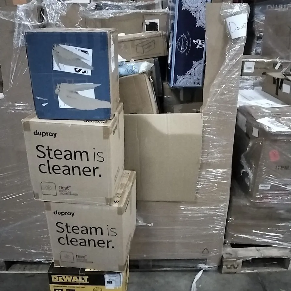 PALLET CONTAINING VARIOUS ASSORTED ITEMS TO INCLUDE: STEAM CLEANERS, DEWALT SEPARATOR WITH 23 LITRE POLY TANK, AIR FRYERS ETC.