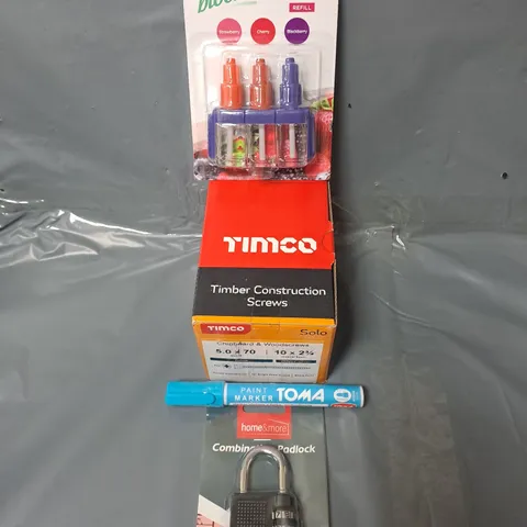 APPROXIMATELY 15 HOUSEHOLD ITEMS TO INCLUDE BLOOME REFILL, TIMBER CONSTRUCTION SCREWS AND HOME & MORE COMBINATION PADLOCK