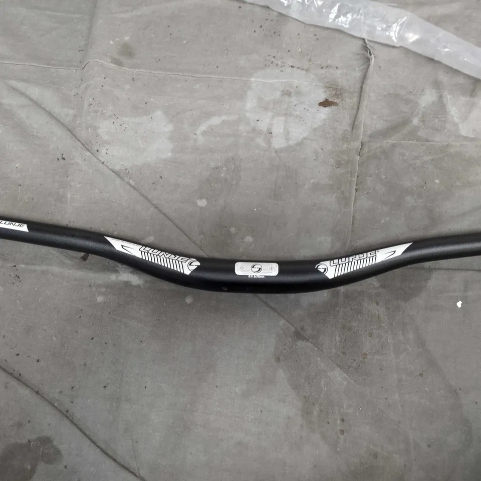 Black curved bicycle handlebar with white decals