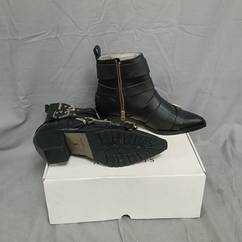 BOXED PAIR OF ALLSAINTS JANE BUCKLE BOOT – BLACK BUCKLE-STRAP ANKLE BOOTS, UK 8