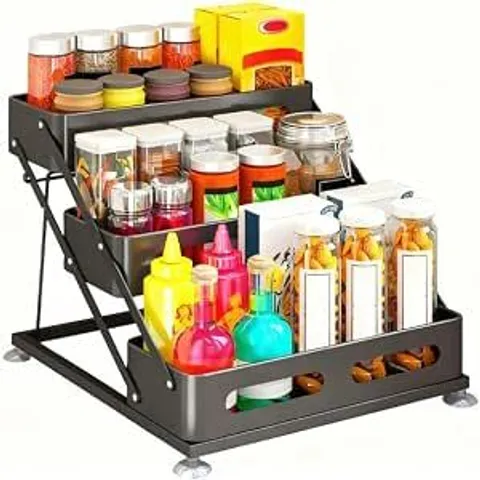 BOXED APTLITON 3-TIER ADJUSTABLE HEIGHT STACKABLE SPICE RACK, FROSTED BLACK METAL STORAGE HOLDER, EASY INSTALLATION & STURDY DESIGN FOR KITCHEN CABINET COUNTERTOP PANTRY, SPICE JARS BOTTLES