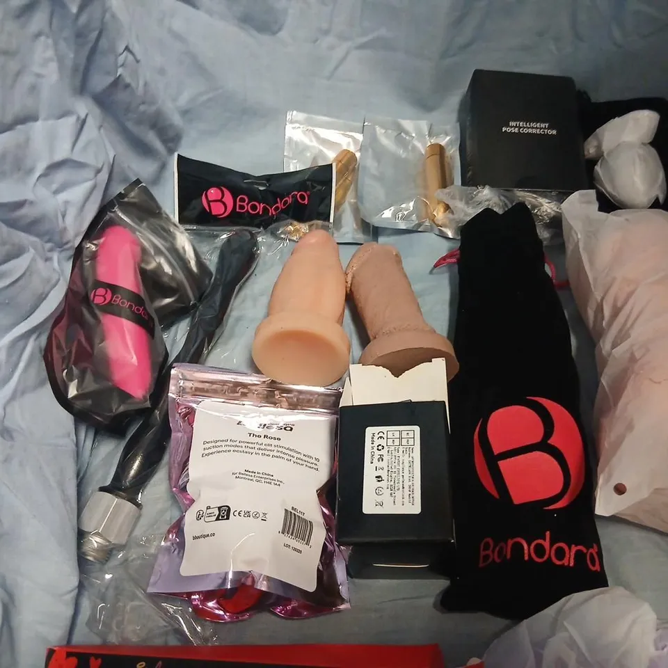 LARGE QUANTITY OF ASSORTED SEX PRODUCTS TO INCLUDE; BONDARA SEX TOY ASSORTMENT – BONDAGE CUFFS, DILDOS AND ACCESSORIES (NSFW)