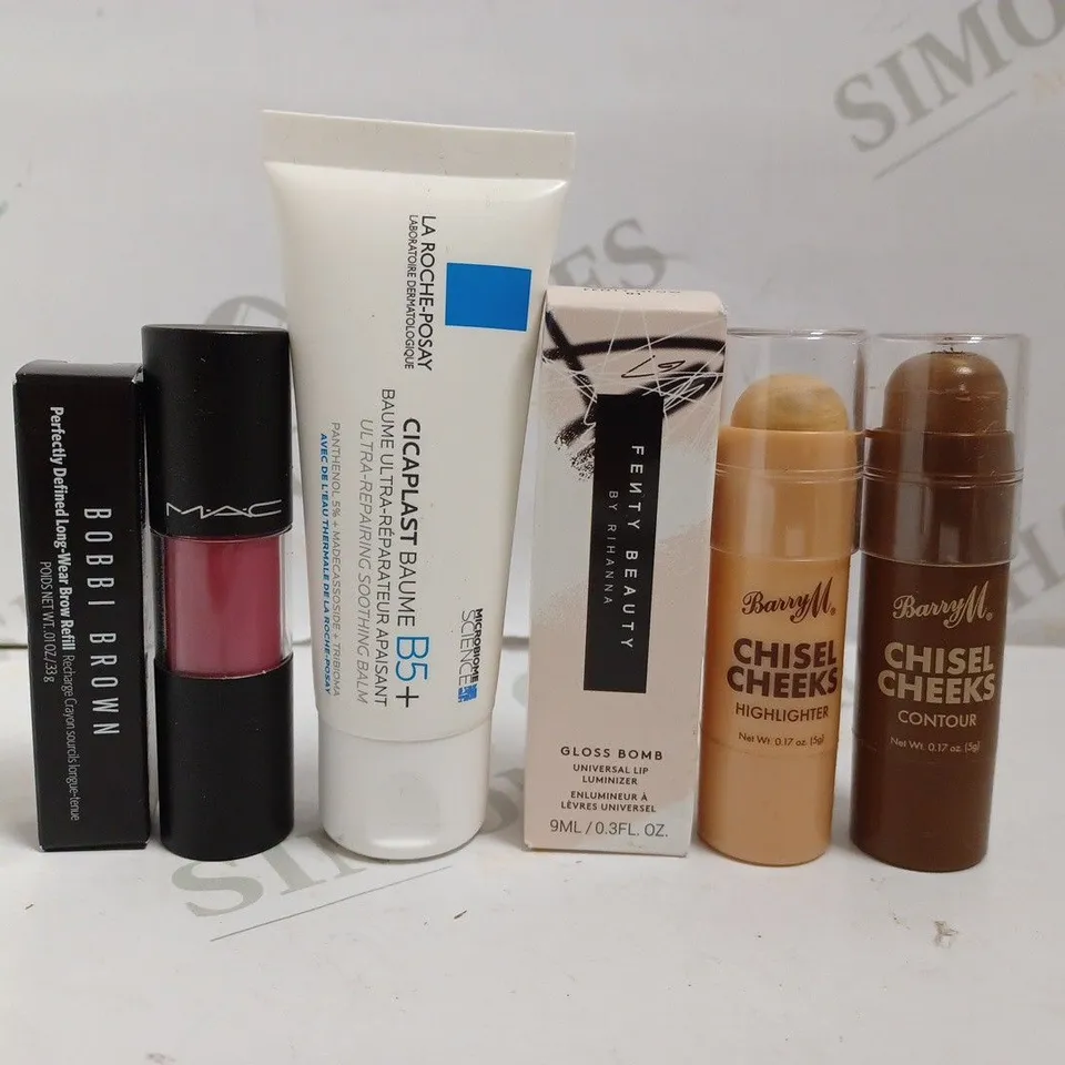 APPROX 6 ITEMS TO INCLUDE FENTY BEAUTY GLOSS BOMB, BOBBI BROWN LONG WEAR BROW REFILL, BARRYM CHISEL CHEEKS