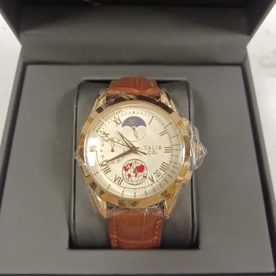 TALIS CO WAVE DETAIL BROWN LEATHER STRAP WATCH